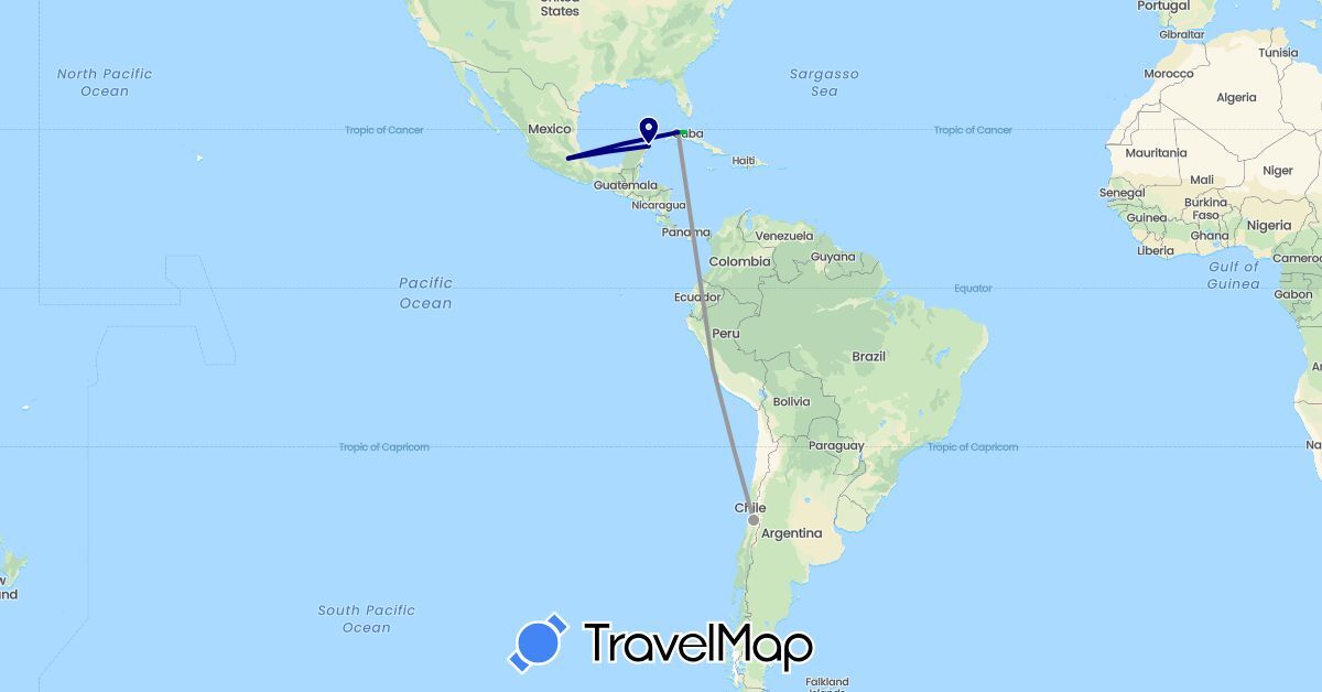 TravelMap itinerary: driving, plane in Belize, Chile, Cuba, Mexico (North America, South America)